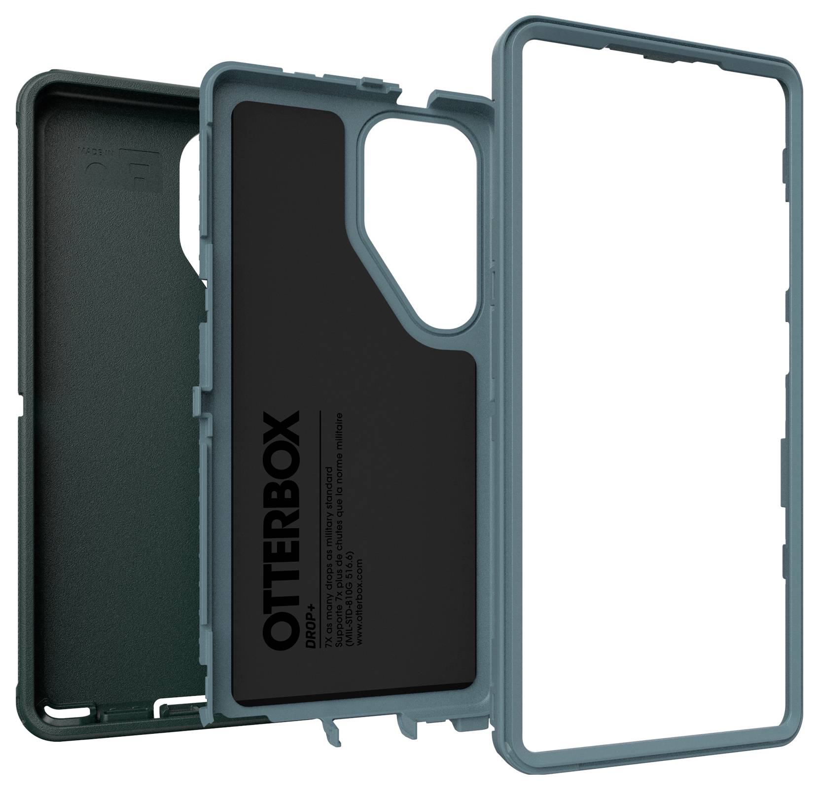 Etui na telefon firmy OtterBox, składające się z dwóch części. Zewnętrzna warstwa w kolorze niebieskim, wewnętrzna warstwa czarna z wyciętymi otworami na kamerę. Ochrona dla smartfonów.