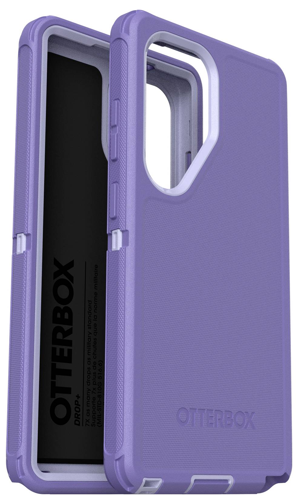 Dwie fioletowe etui na telefon marki OtterBox ułożone jedna na drugiej, jedno zwrócone wnętrzem do góry, drugie pokazujące stronę zewnętrzną.