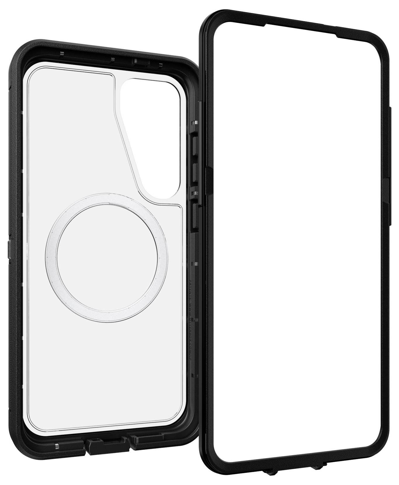 Dwuczęściowe etui ochronne do smartfona z tylną, okrągłą, kompatybilną z MagSafe powierzchnią, w kolorze czarnym i przezroczystym.
