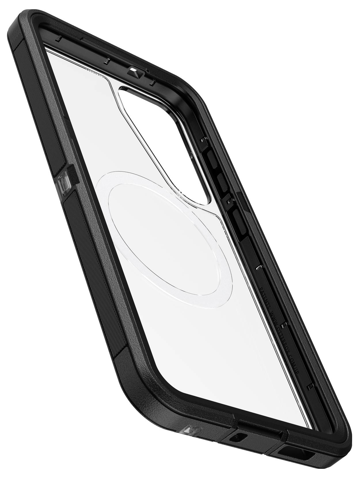 Czarne etui na smartfona z przezroczystym tyłem, przedstawione w skosnym widoku z góry.