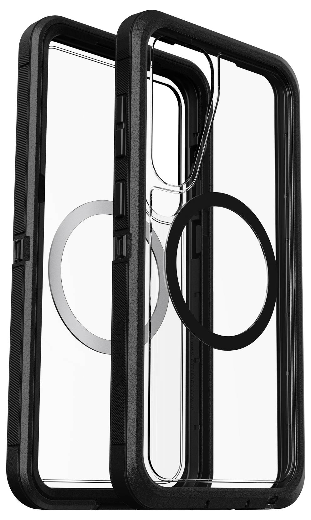 Przezroczyste etui z czarną ramką, z kołem na tylnej stronie zapewniającym kompatybilność z MagSafe.