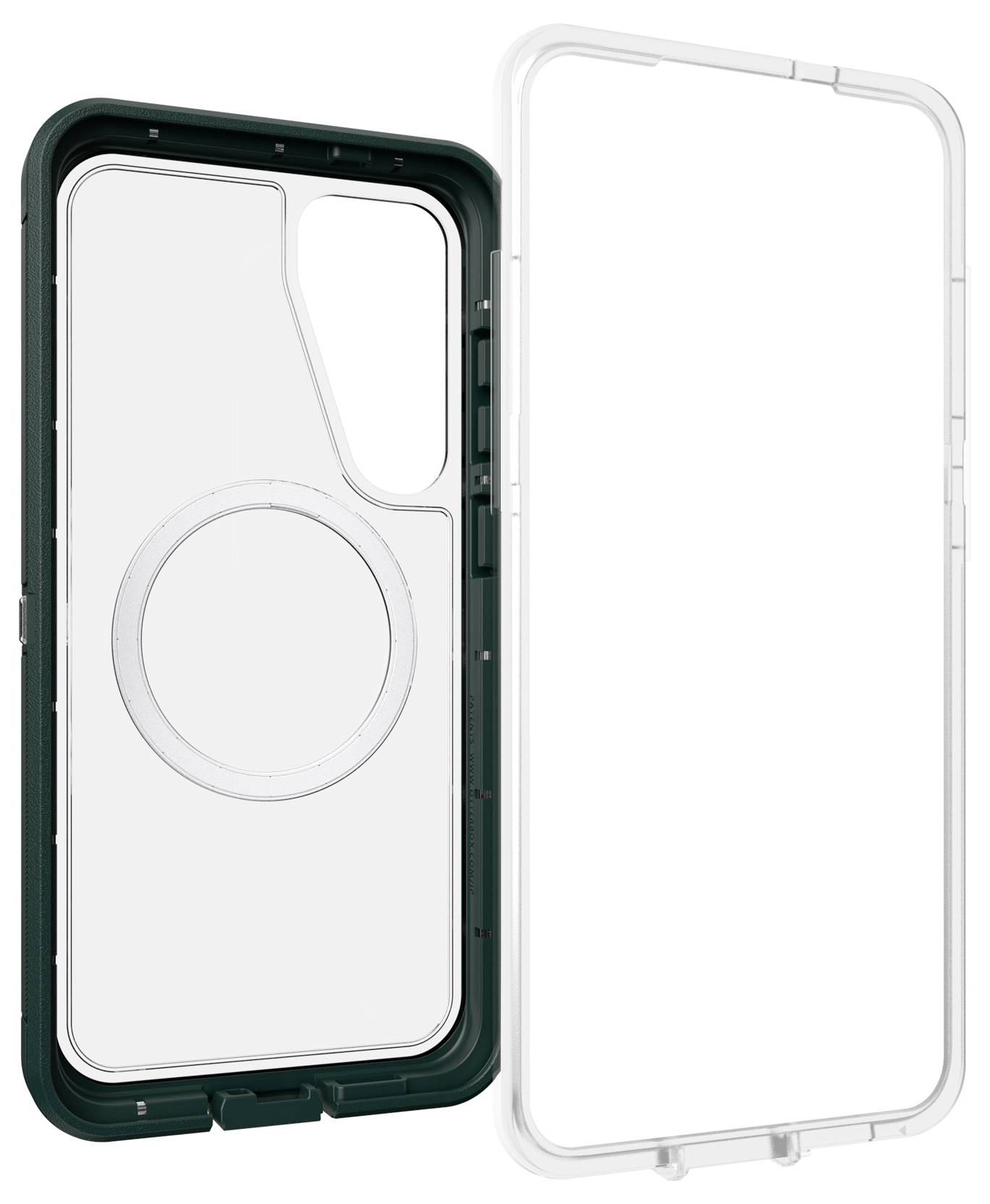 Przezroczyste etui na smartfona, składające się z dwóch części, pokazujące przednią i tylną stronę. Tylna strona z pierścieniem, kompatybilna z ładowaniem bezprzewodowym.