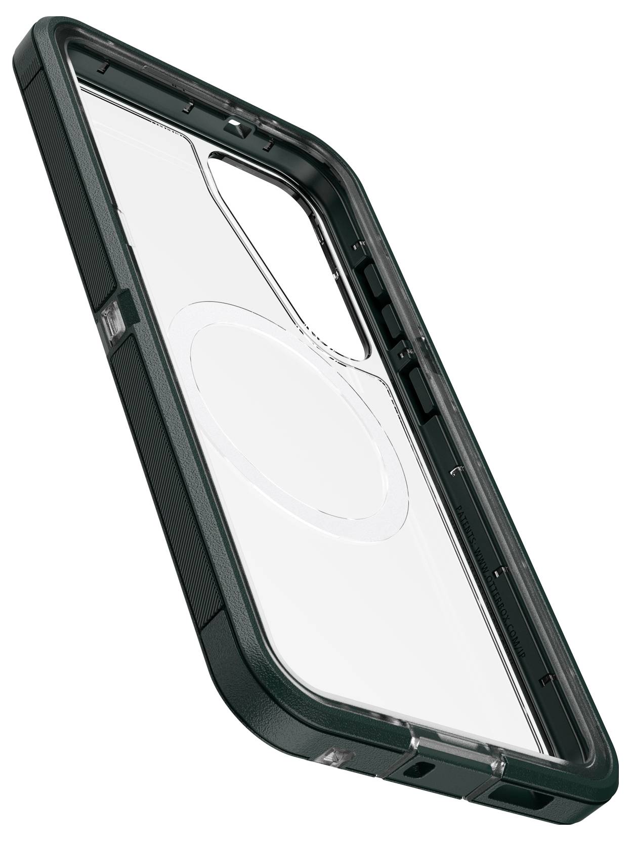 Wytrzymałe etui na smartfona z przezroczystą tylną częścią, ciemną ramką i okrągłym wycięciem pośrodku.