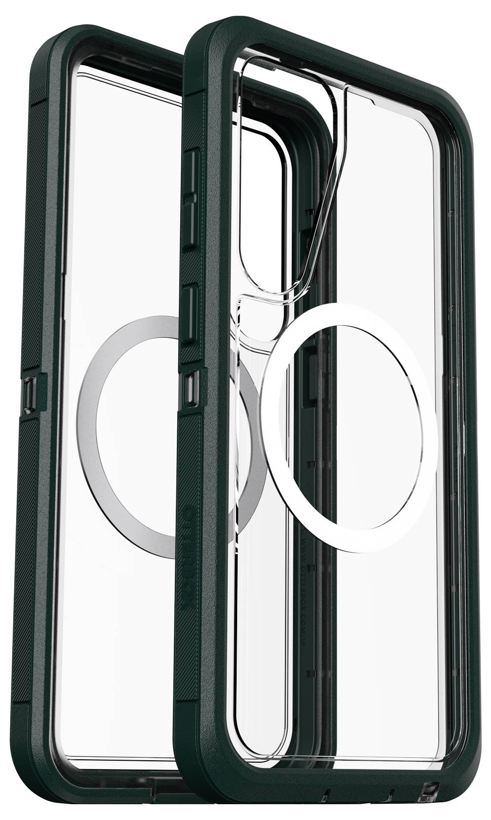 Przezroczyste etui na telefon z zieloną obwódką i elementem w kształcie koła, kompatybilne z MagSafe.