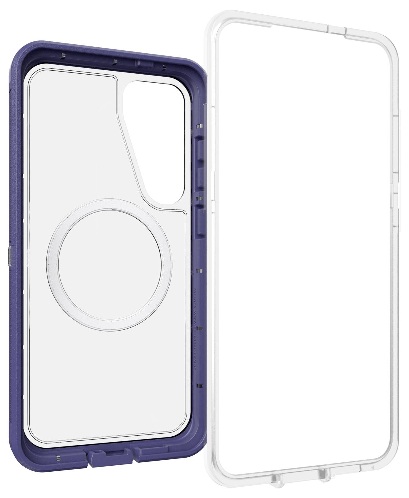 Dwuczęściowy zestaw etui do telefonu, składający się z niebieskiej ramki i przezroczystej tylnej części z ochroną kamery i wsparciem dla MagSafe.