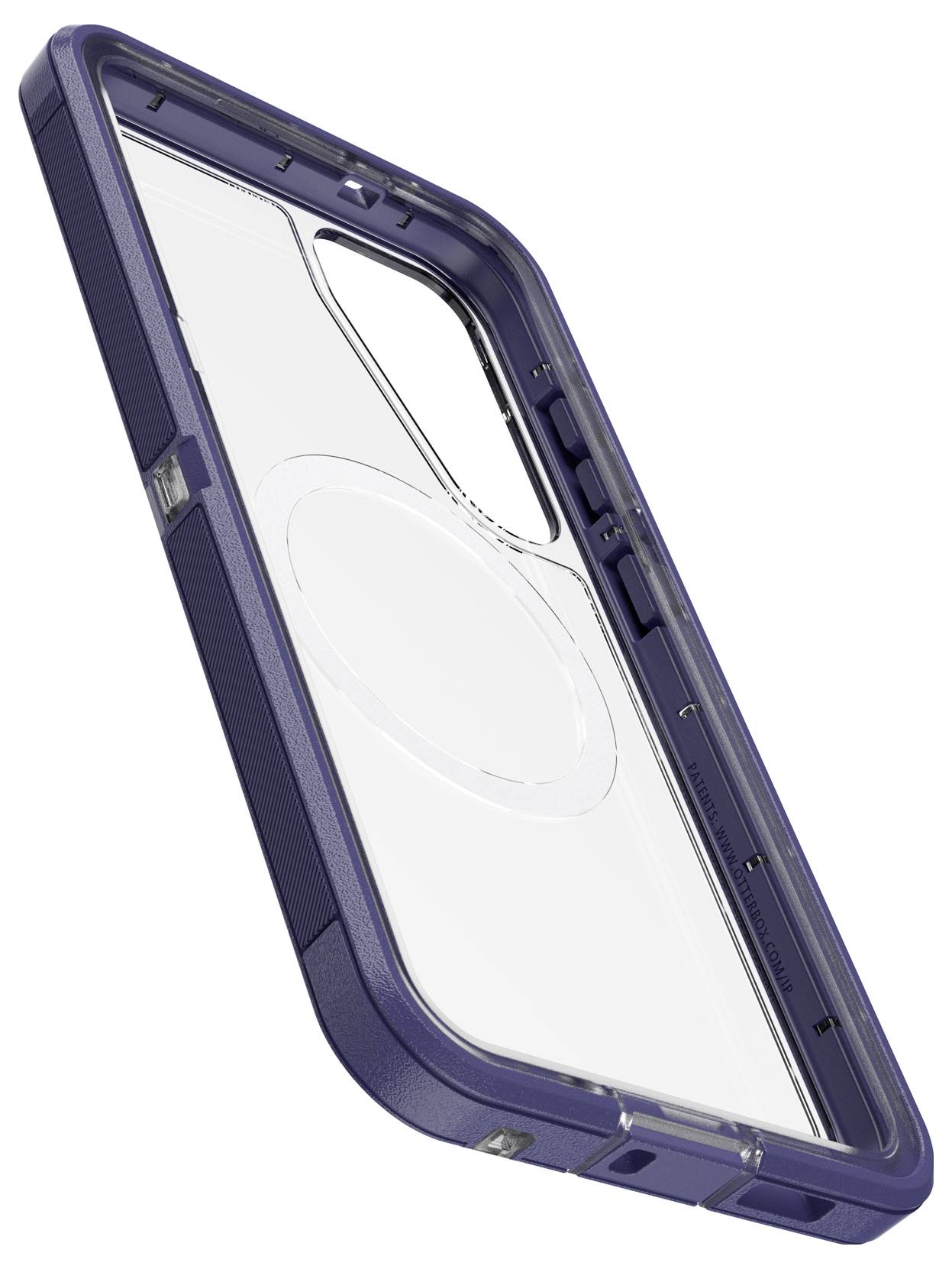 Przezroczyste etui na telefon z ciemnoniebieską obwódką, które zapewnia solidną ochronę i pozostawia wszystkie przyciski oraz złącza w pełni dostępne.