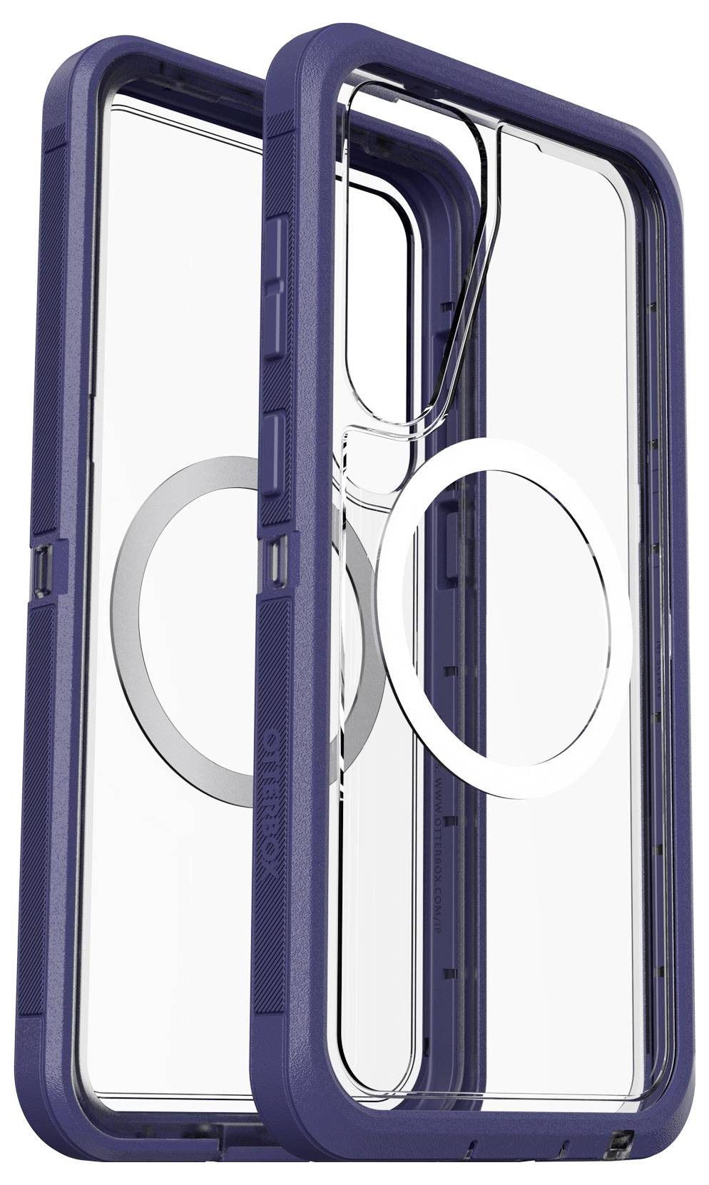 Przezroczyste etui ochronne z ciemnoniebieską ramką i zintegrowanym pierścieniem magnetycznym. Dopasowane do smartfona.