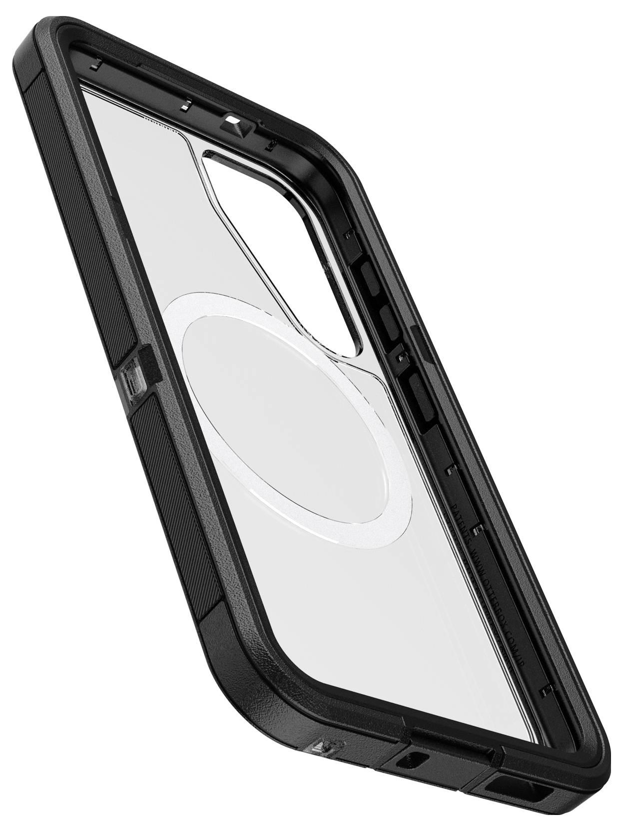 Czarna obudowa na telefon z wytrzymałą krawędzią i przezroczystym tyłem, dopasowana do smartfonów. Chroni przed uderzeniami i zarysowaniami.