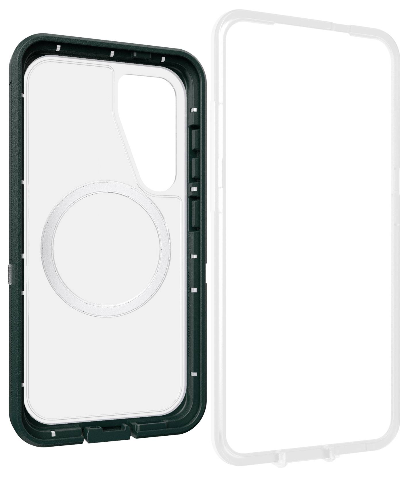 Etui z przezroczystą tylną częścią, z zintegrowanym pierścieniem magnetycznym, przeznaczone do smartfona. Zapewnia ochronę i obsługę funkcji MagSafe.