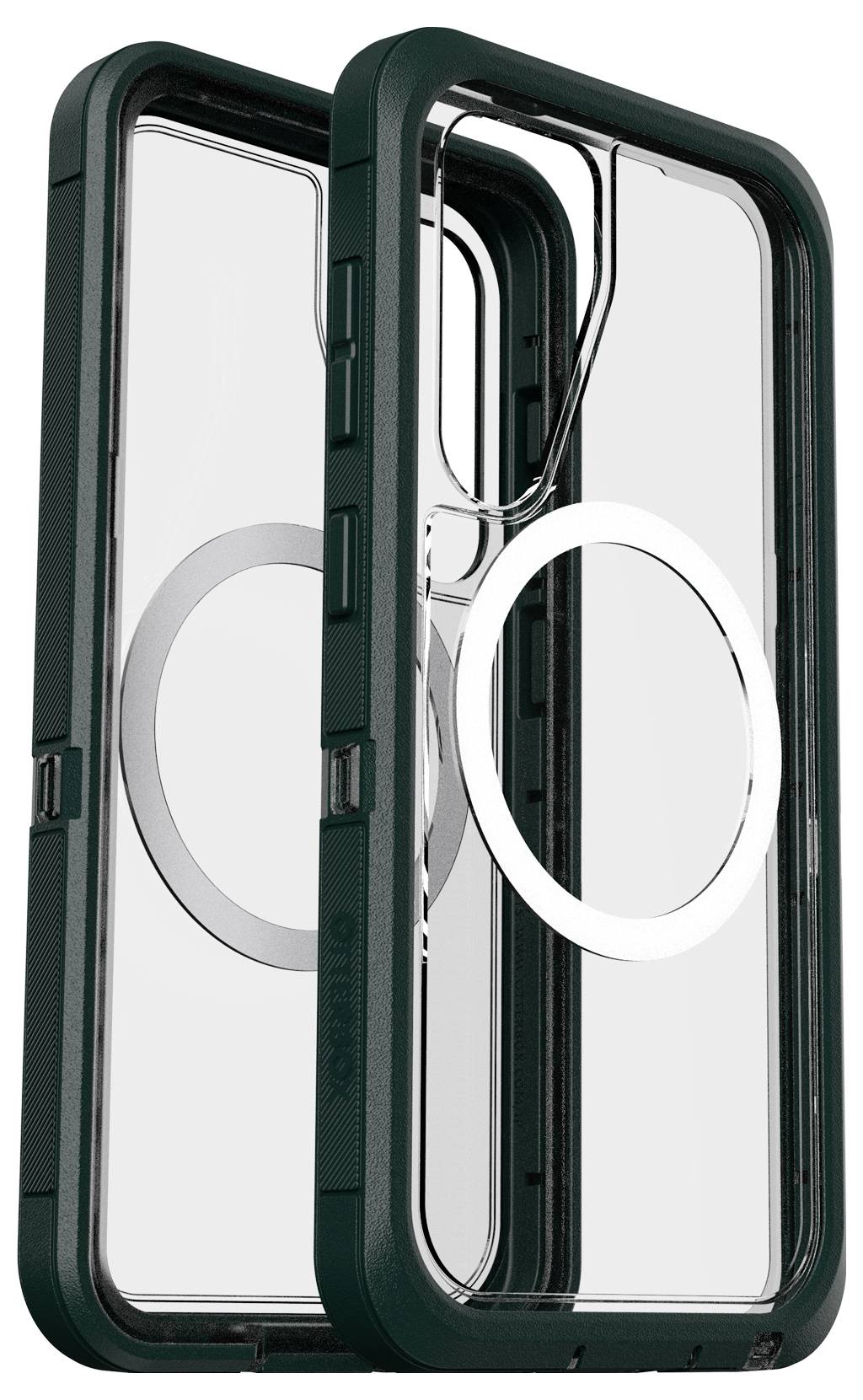 Przezroczyste etui na smartfona z zielonym obrzeżem, wyposażone w magnetyczny pierścień pośrodku do ładowania bezprzewodowego.