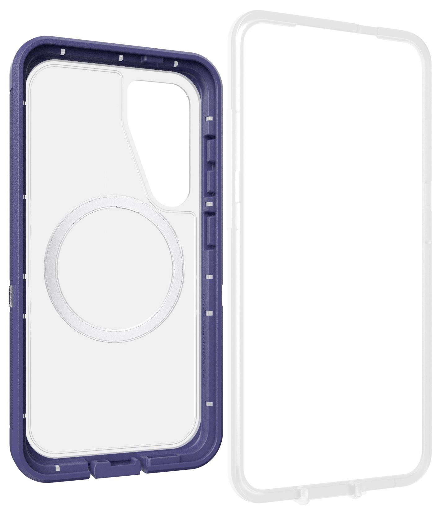 Etui na smartfona z magnetycznym pierścieniem po lewej stronie i zdejmowalną ramką po prawej stronie, przedstawione na białym tle.