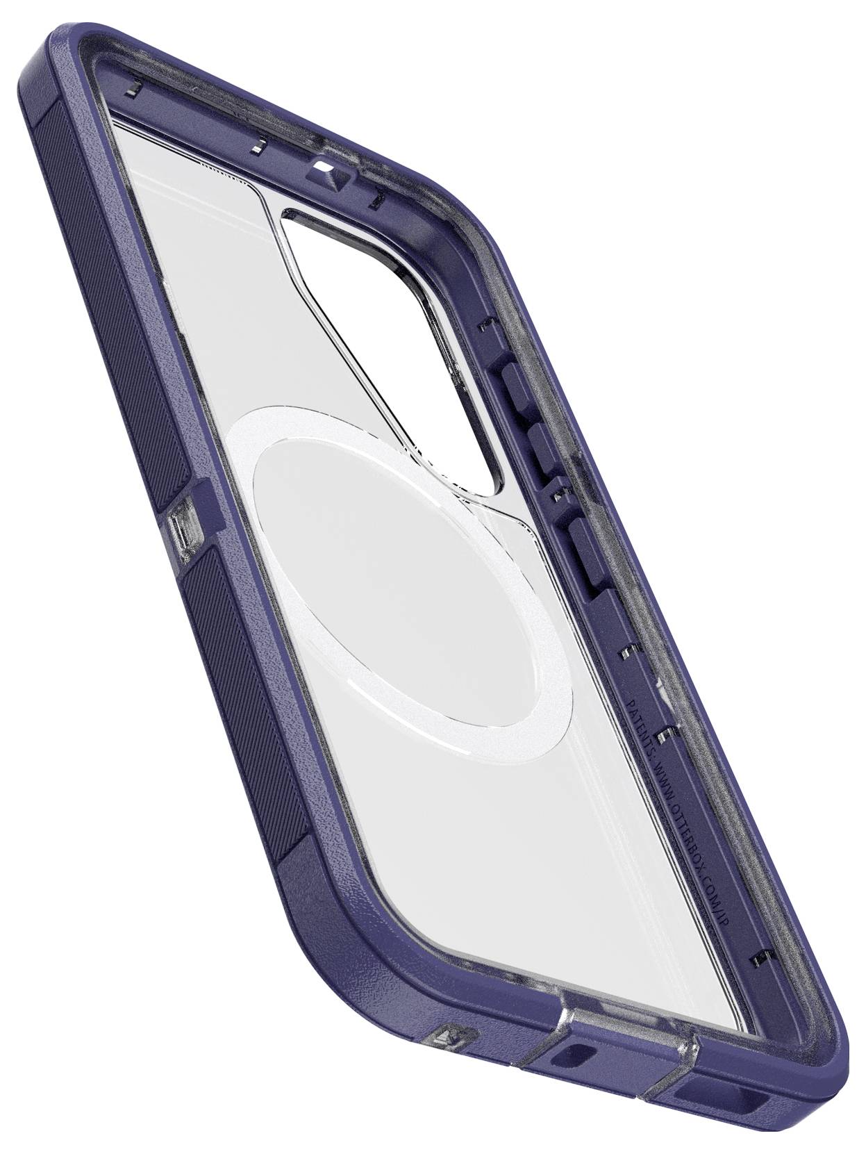 Jasnoniebieski, przezroczysty futerał na telefon z wytrzymałą ramką i otworem na kamerę, odpowiedni do ochrony smartfona.