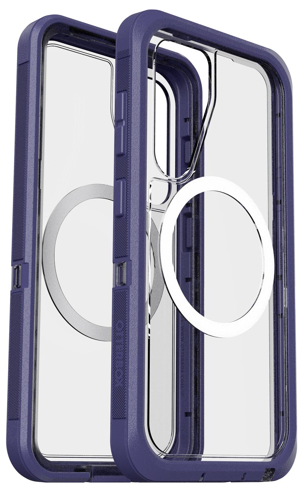 Wytrzymałe, przezroczyste etui na smartfona z niebieskim obramowaniem i magnetycznym pierścieniem do mocowania akcesoriów.