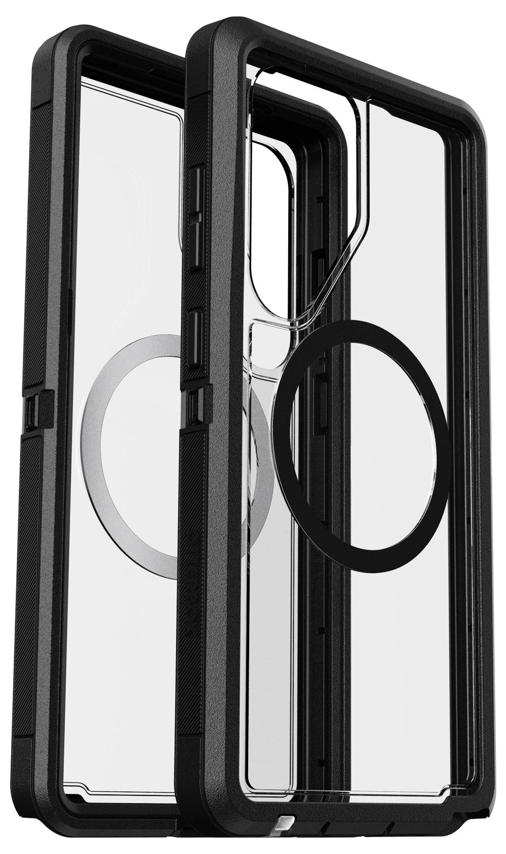 Czarna obudowa na telefon z przezroczystym tyłem i okrągłym pierścieniem, zapewniająca ochronę i umożliwiająca wgląd w urządzenie.