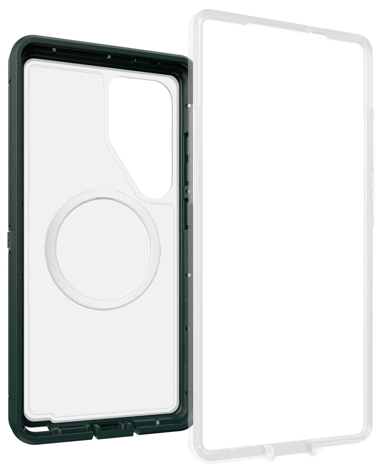 Etui na telefon składające się z dwóch części: czarna tylna obudowa z okrągłym mechanizmem magnetycznym oraz przezroczysta osłona przednia.