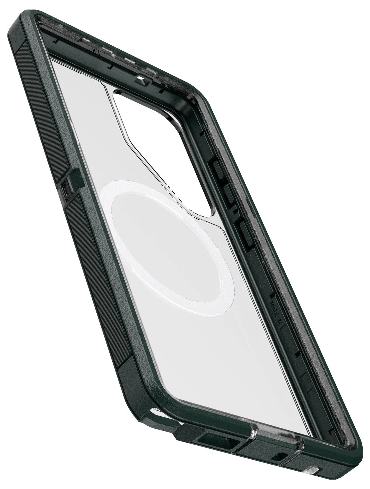 Przezroczyste etui na smartfona z wytrzymałą, ciemnozieloną ramką, z widocznym okrągłym złączem kompatybilnym z MagSafe na tylnej stronie.