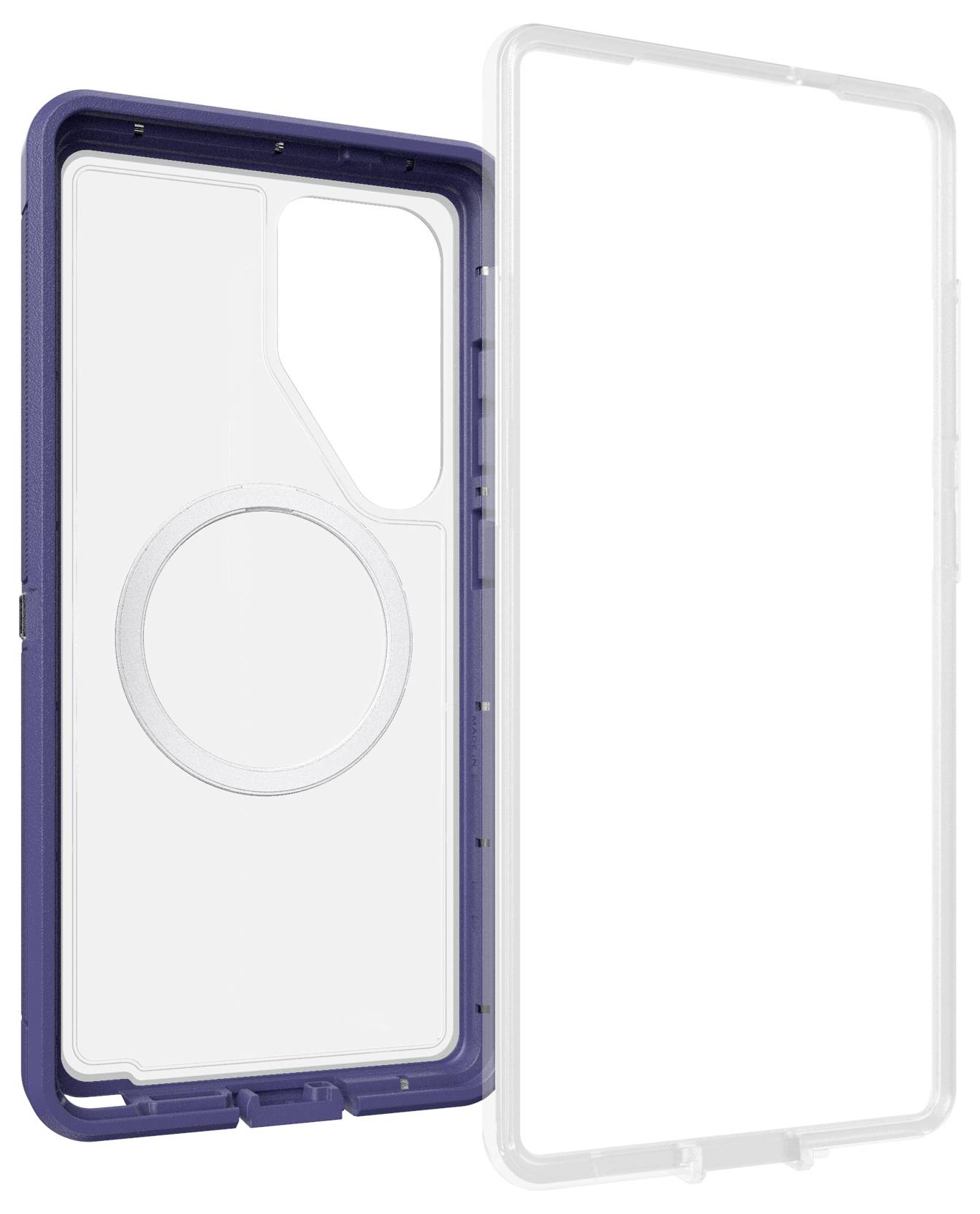 Dwuczęściowe etui na telefon w kolorze niebieskim i przezroczystym. Po lewej stronie niebieski, po prawej przezroczysty. Magnesy widoczne po stronie niebieskiej.