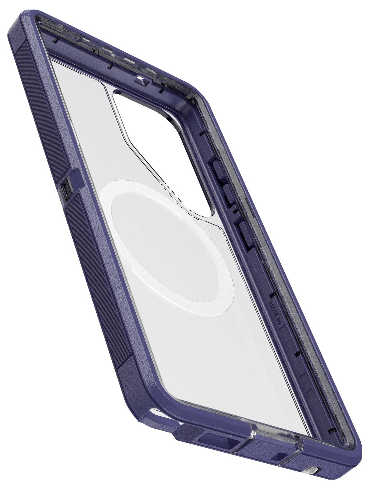 Niebieskie etui na telefon z przezroczystym tyłem i precyzyjnymi wycięciami na aparat i złącza.