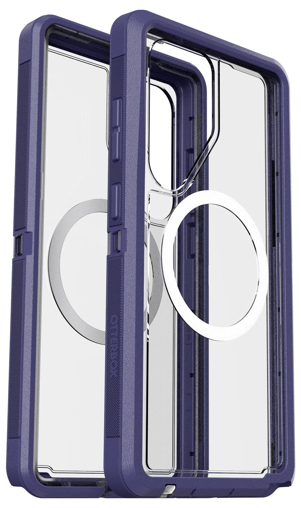 Przezroczyste etui na smartfona z niebieskim obramowaniem i okrągłym pierścieniem magnetycznym pośrodku.