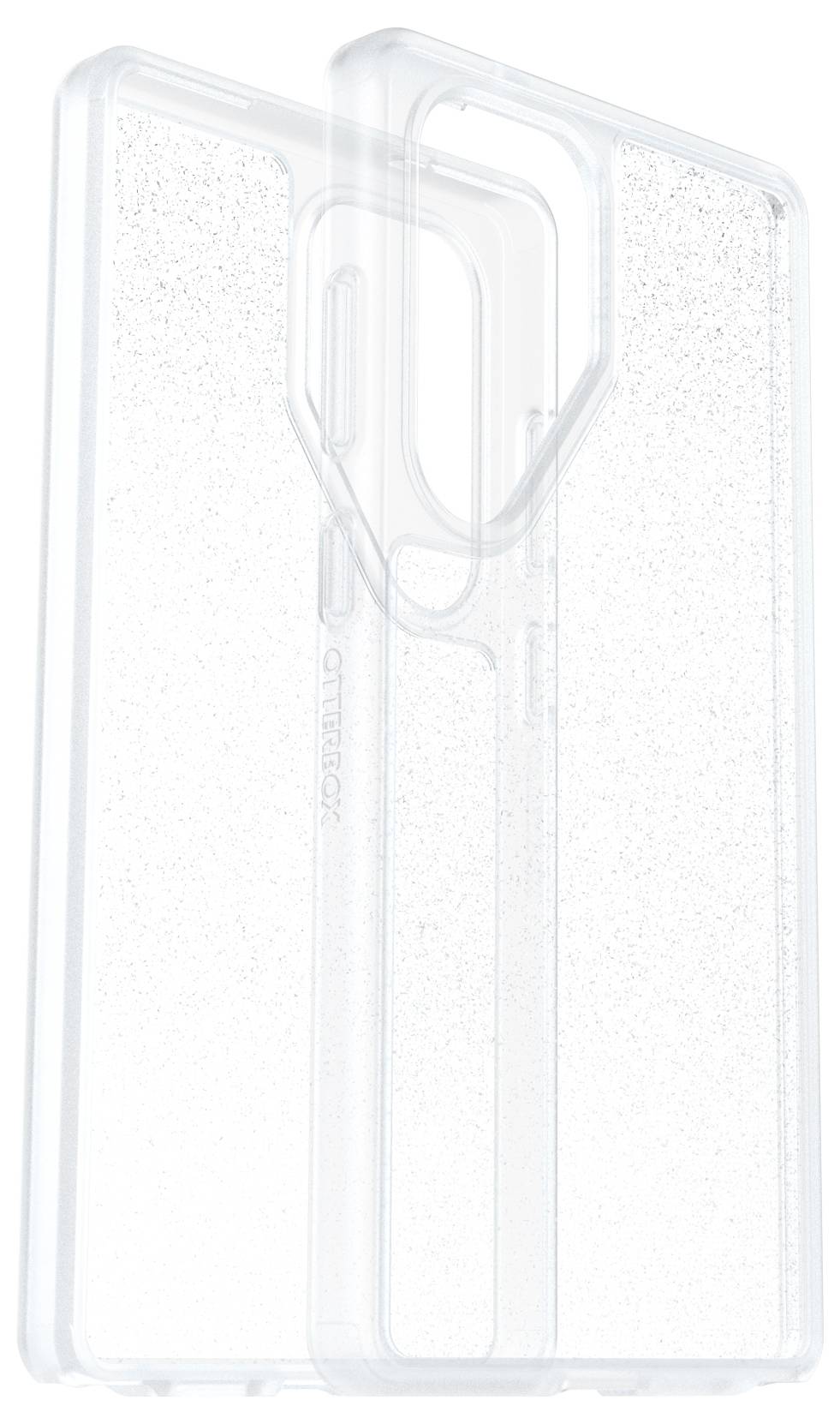 Przezroczyste etui na telefon z efektem brokatu i otworem na aparat, idealne do nowoczesnego smartfona. Prosty i elegancki design.