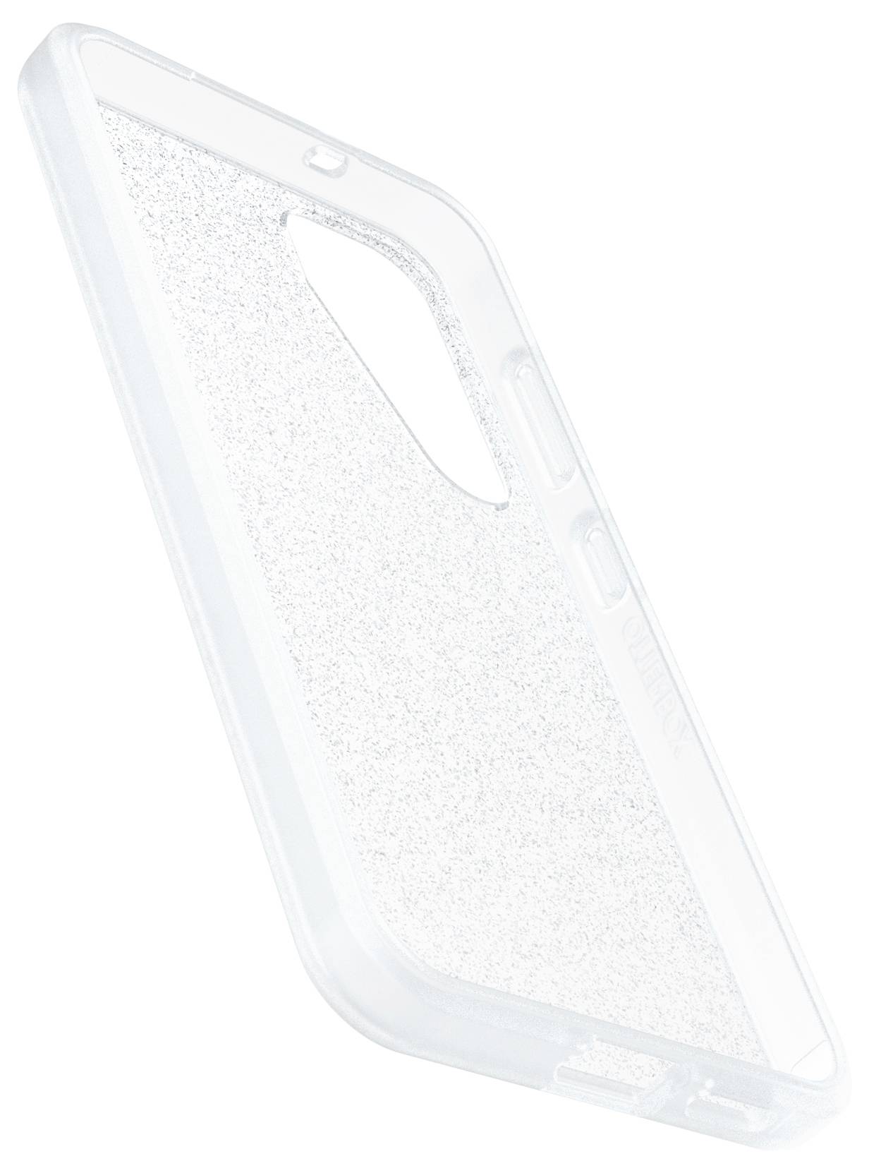 Przezroczysta obudowa telefonu z brokatem, leżąca na białej powierzchni.