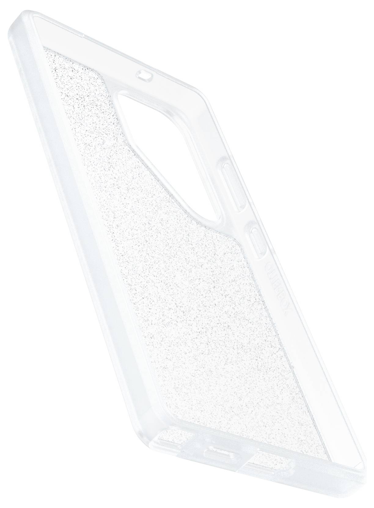 Przezroczyste etui na telefon z efektem brokatu, z widocznym wycięciem na aparat, przedstawione pod lekkim skosem.