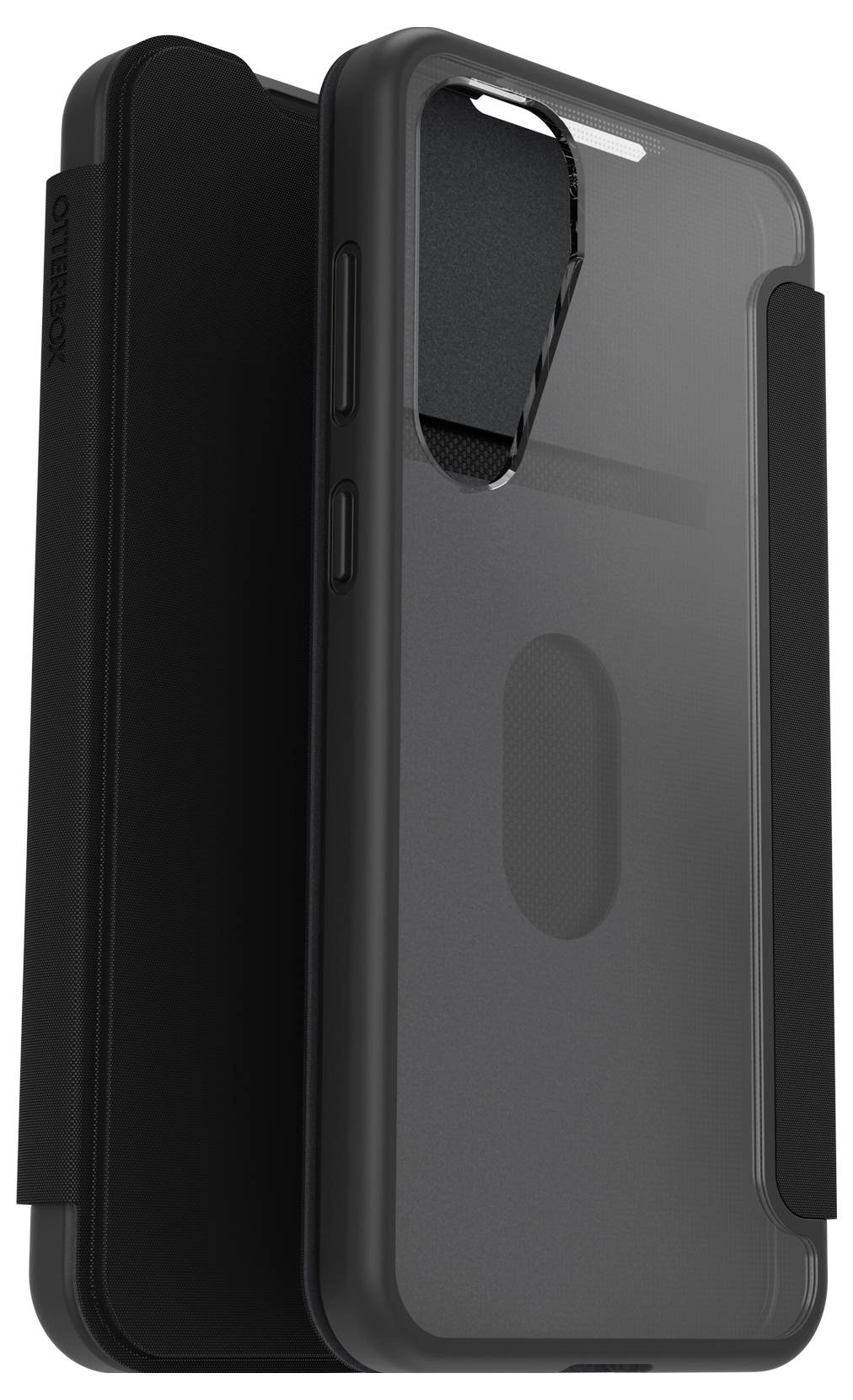 Czarne etui na smartfona z klapką i ochroną aparatu.