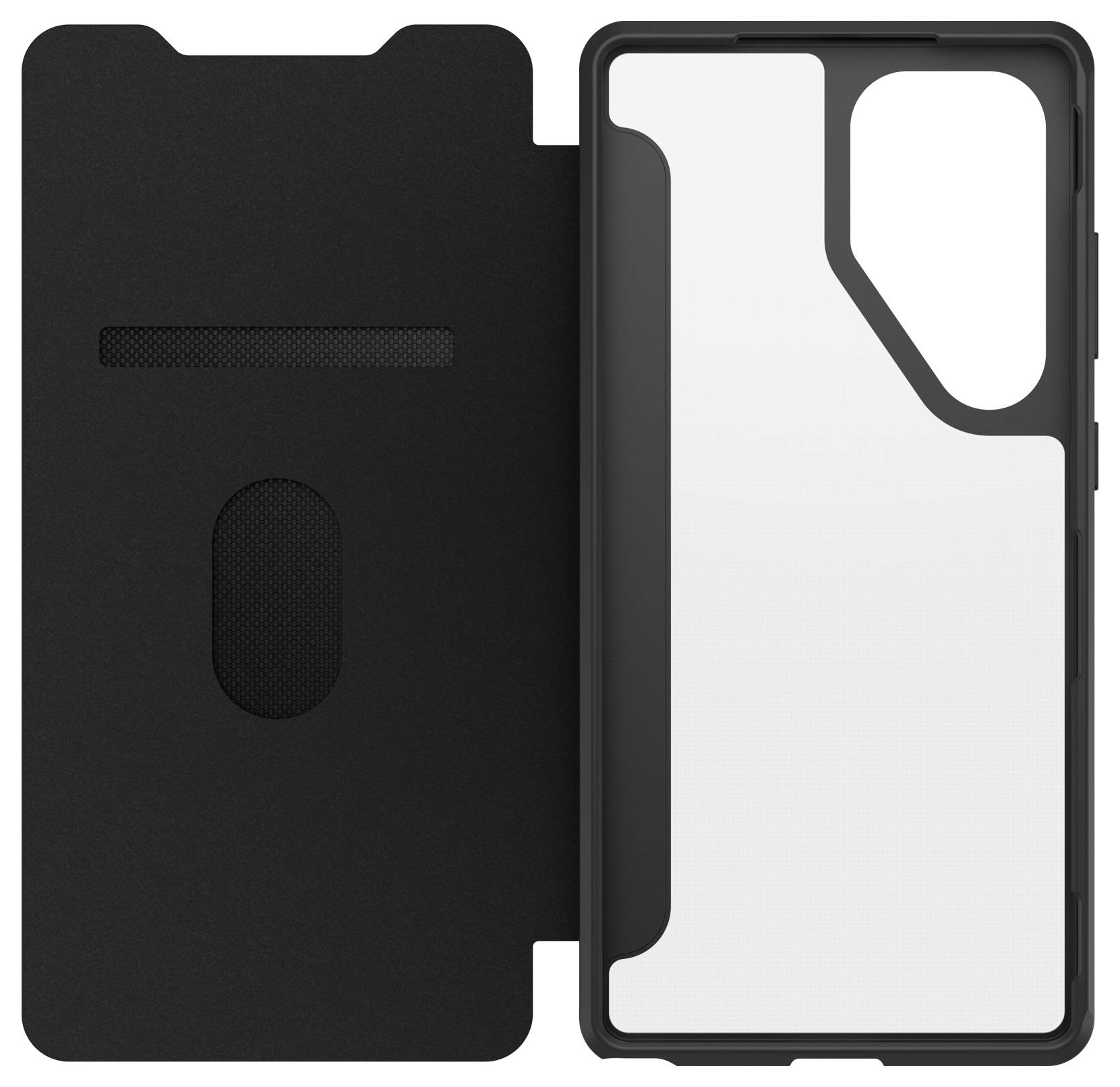 Czarna obudowa telefonu z klapką, która jest otwarta. Posiada kieszeń na karty lub podobne przedmioty.