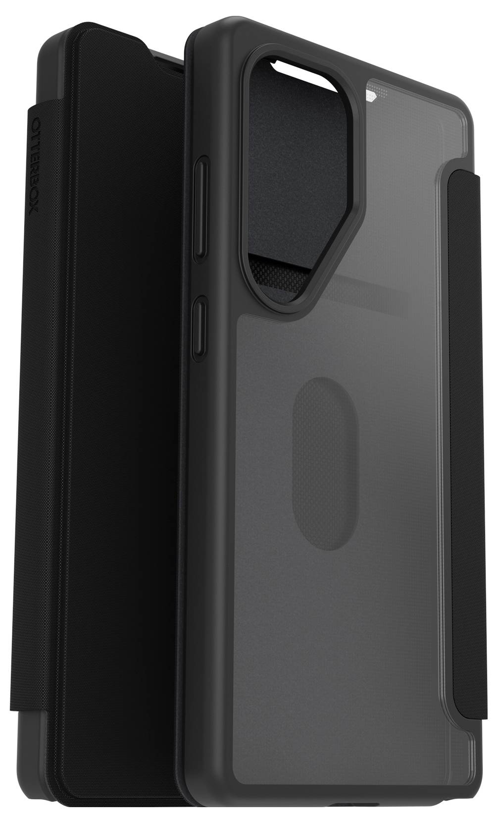 Czarna obudowa na telefon z klapką i ochroną aparatu, która otula smartfona. Etui jest wytrzymałe i minimalistyczne.