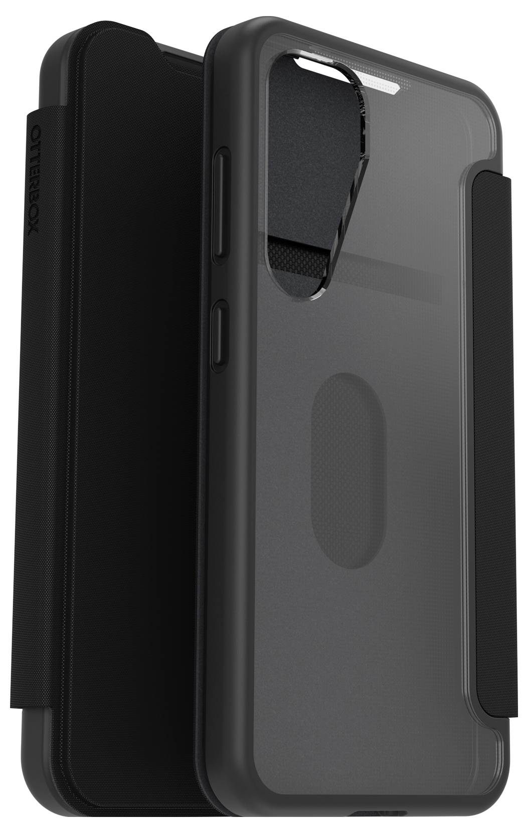 Przezroczyste czarne etui na smartfona z klapką, dopasowane do nowoczesnego modelu. Chroni urządzenie i zapewnia dostęp do przycisków.