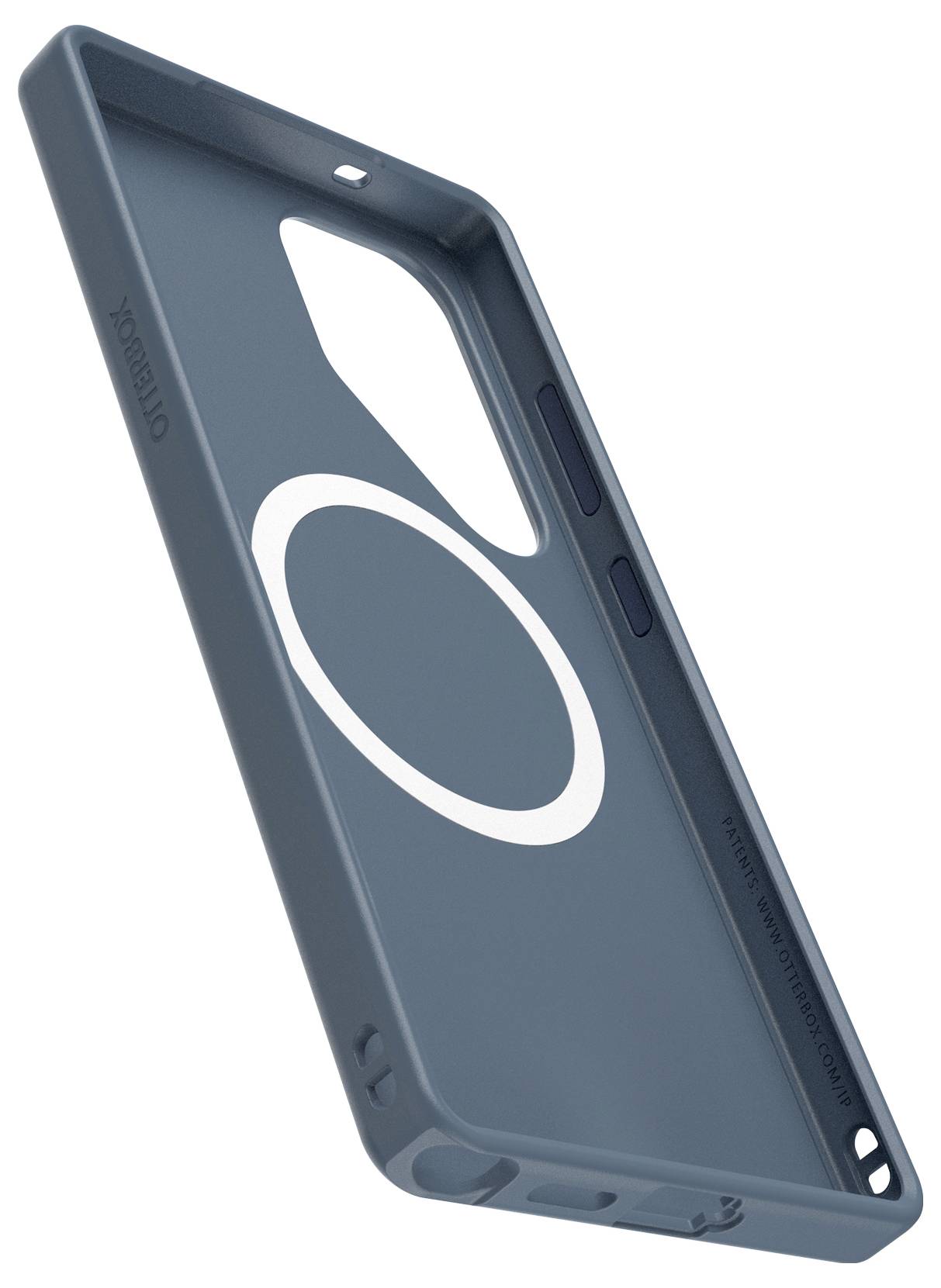 Niebieskie etui na smartfona z wbudowanym pierścieniem MagSafe, wykonane z wytrzymałego materiału z precyzyjnymi wycięciami na przyciski i złącza.