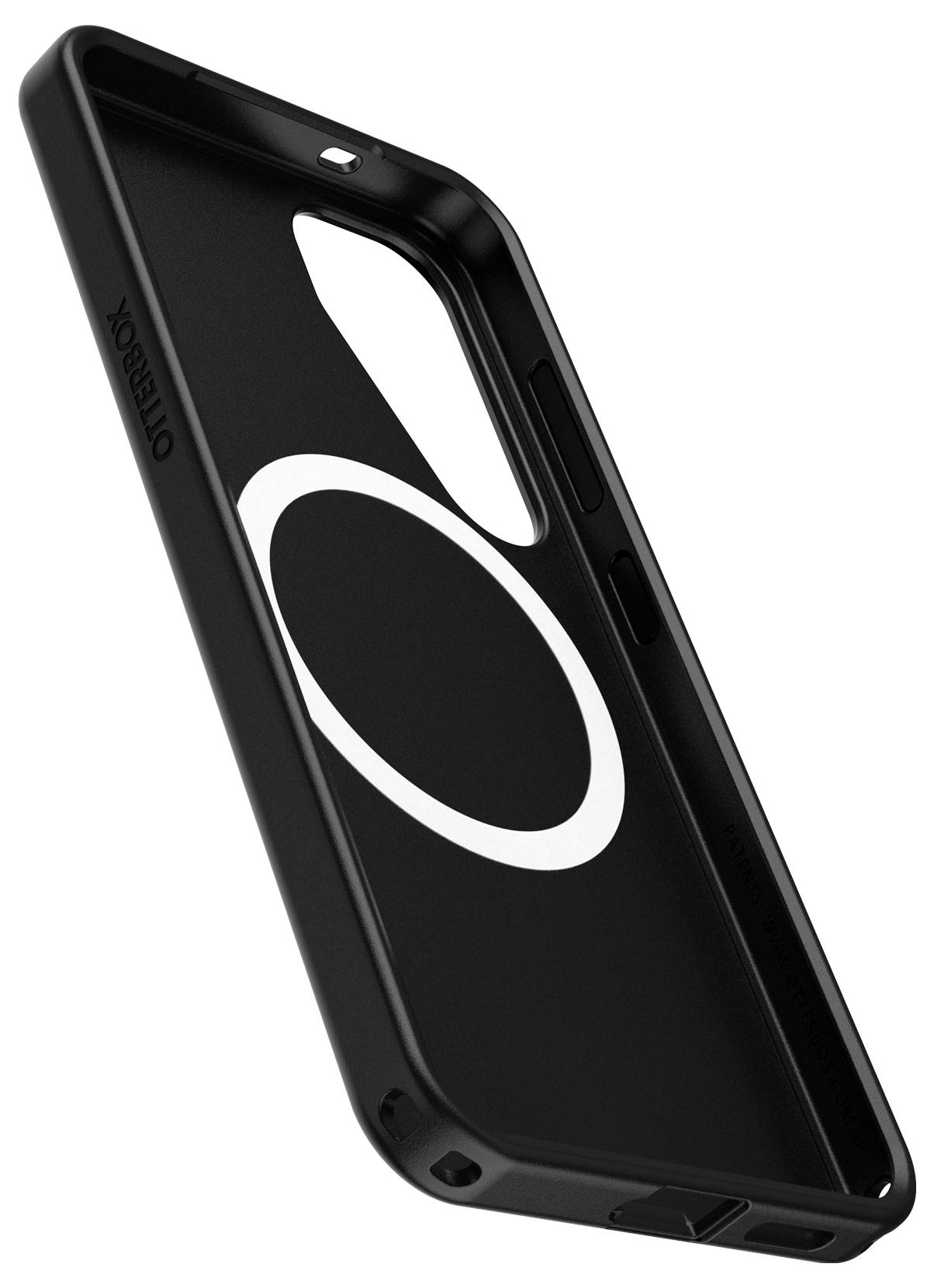 Czarna obudowa ochronna do smartfona z owalnym wycięciem, ułożona poziomo, z widoczną na boku nazwą marki 'OtterBox'.