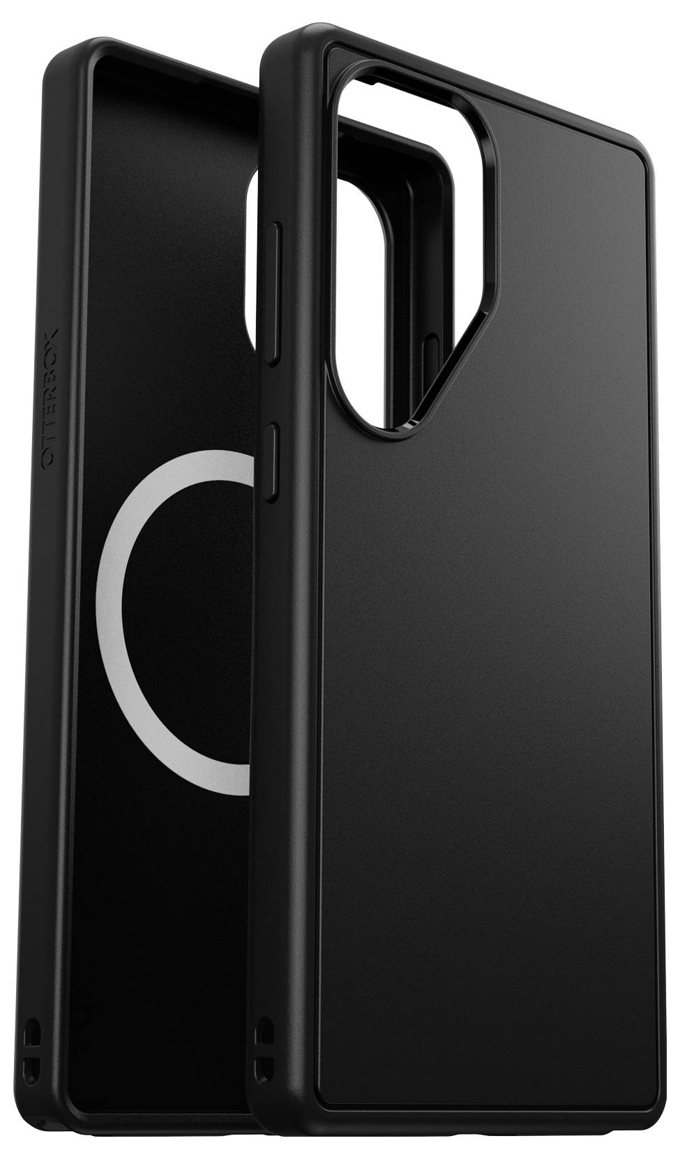 Dwie czarne obudowy do telefonów, jedna z widocznym wewnątrz kołowym magnetem. Prosta, elegancka stylistyka, odpowiednia do ochrony urządzenia.