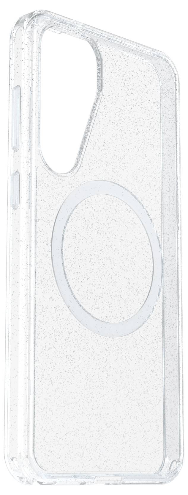 Przezroczyste etui na telefon z brokatowym efektem i zaokrągloną formą pośrodku, dopasowane do smartfona.