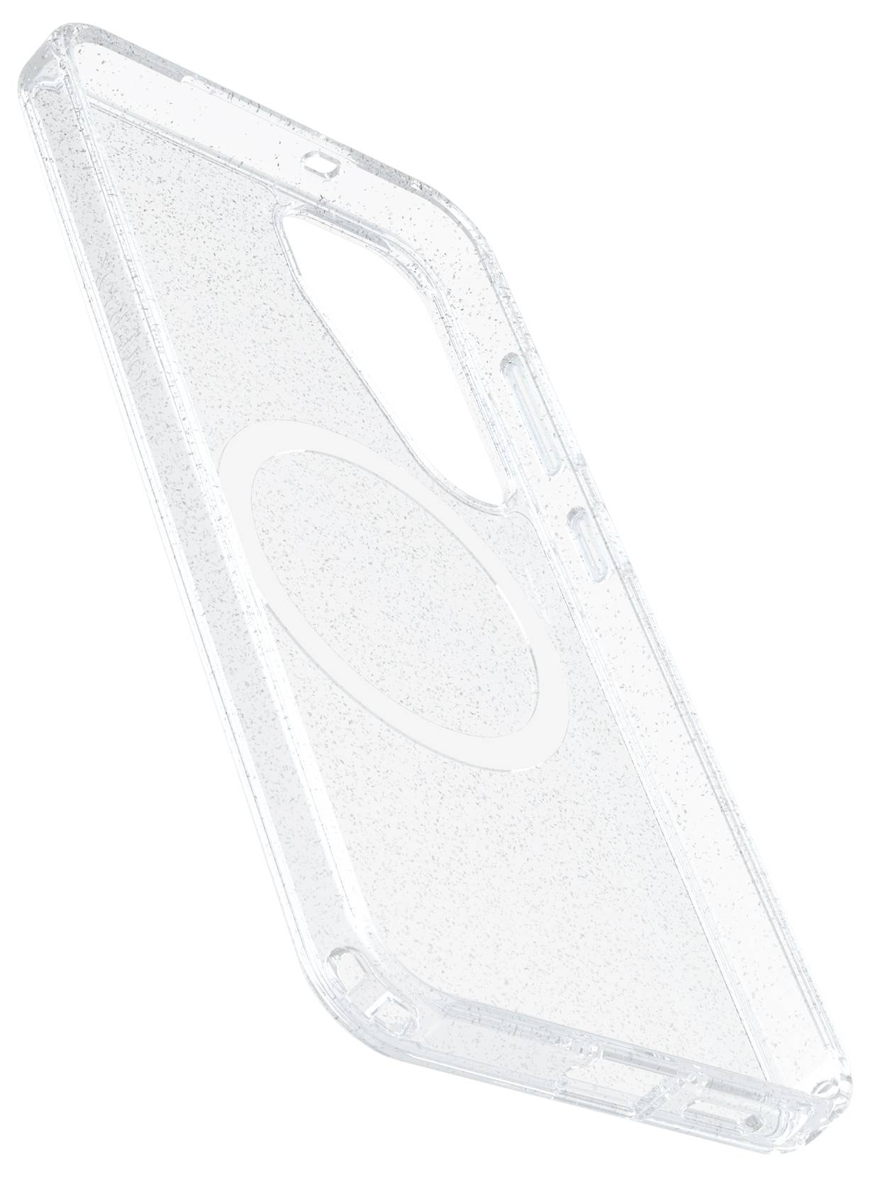Przezroczyste etui na telefon z błyszczącymi cząsteczkami, antypoślizgowym uchwytem oraz wycięciami na aparat i złącza.