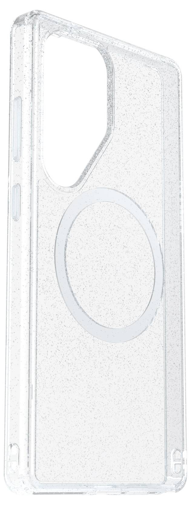 Przezroczyste etui na telefon z efektem brokatu i okrągłym designem wokół obiektywu kamery. Zaprojektowane z myślą o odporności na wstrząsy i ochronie.