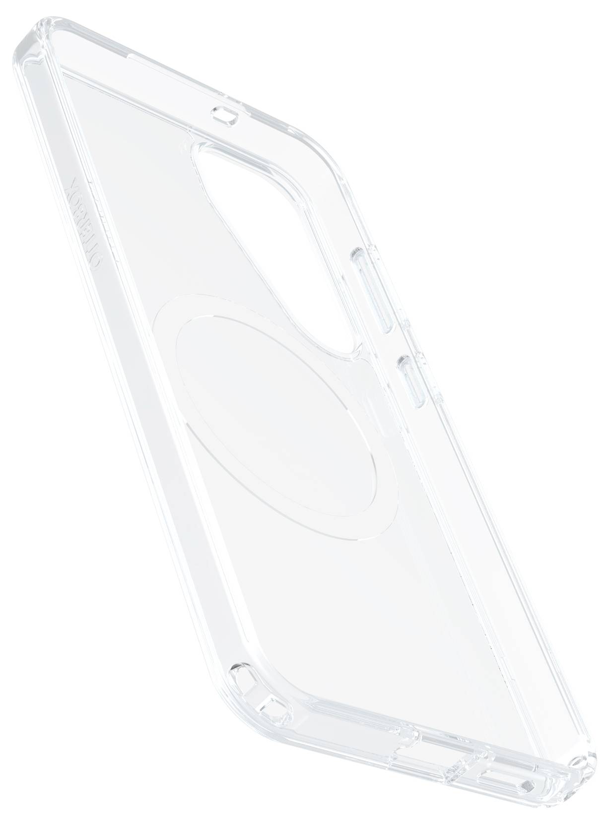 Przezroczyste etui na telefon o minimalistycznym designie z okrągłym oznaczeniem, dopasowane do nowoczesnego modelu smartfona.