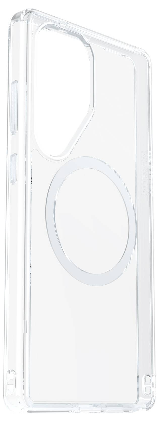 Przezroczyste etui na telefon z okrągłym pierścieniem MagSafe pośrodku, przeznaczone dla konkretnego modelu smartfona.