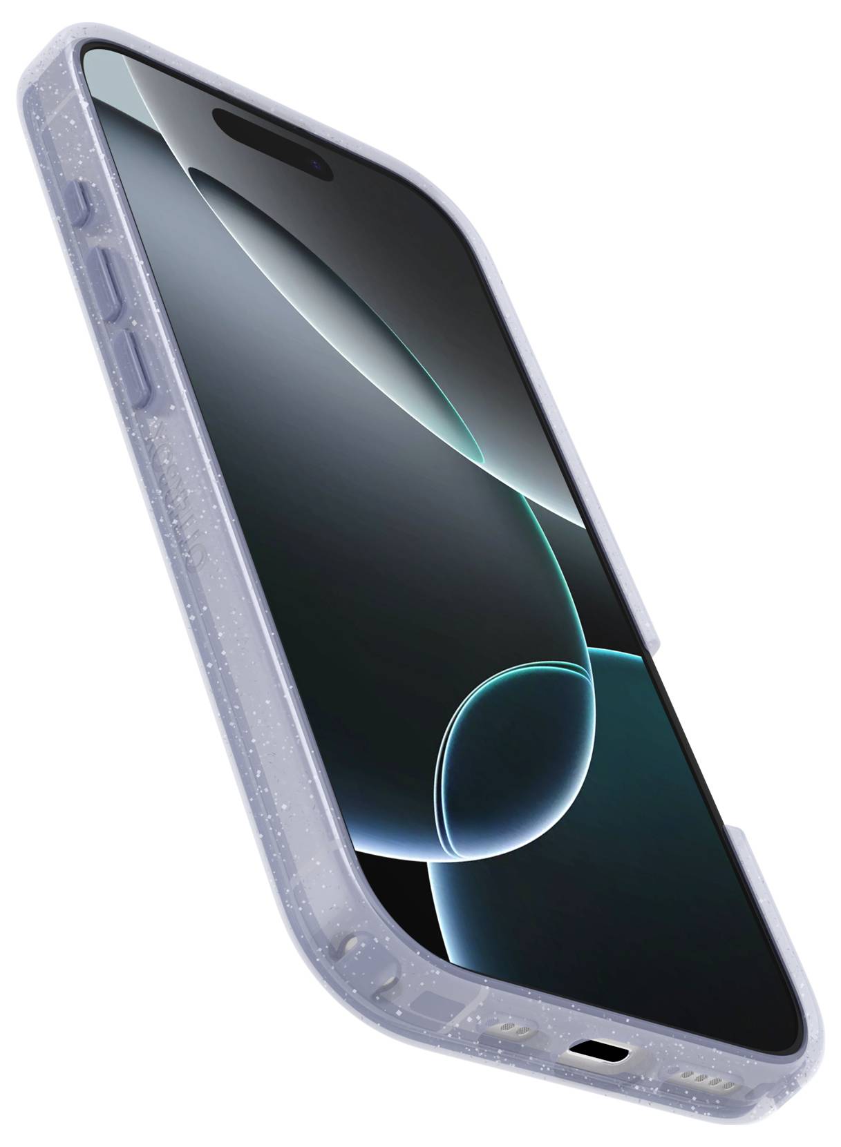 Smartfon w etui ochronnym, ekran wyświetla abstrakcyjny obraz z ciemnymi i świecącymi na niebiesko liniami.