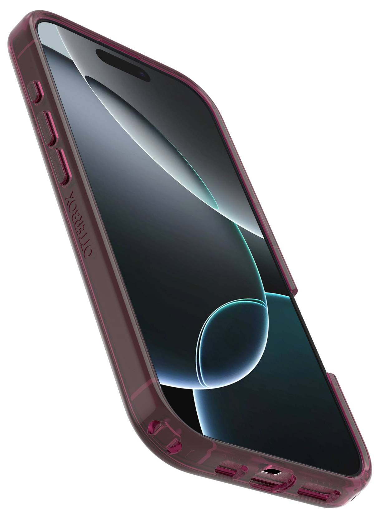 Smartfon z ciemnoczerwonym etui, częściowo przezroczystym. Na ekranie widoczne abstrakcyjne szare kształty. Ujęcie z boku z widocznymi przyciskami.