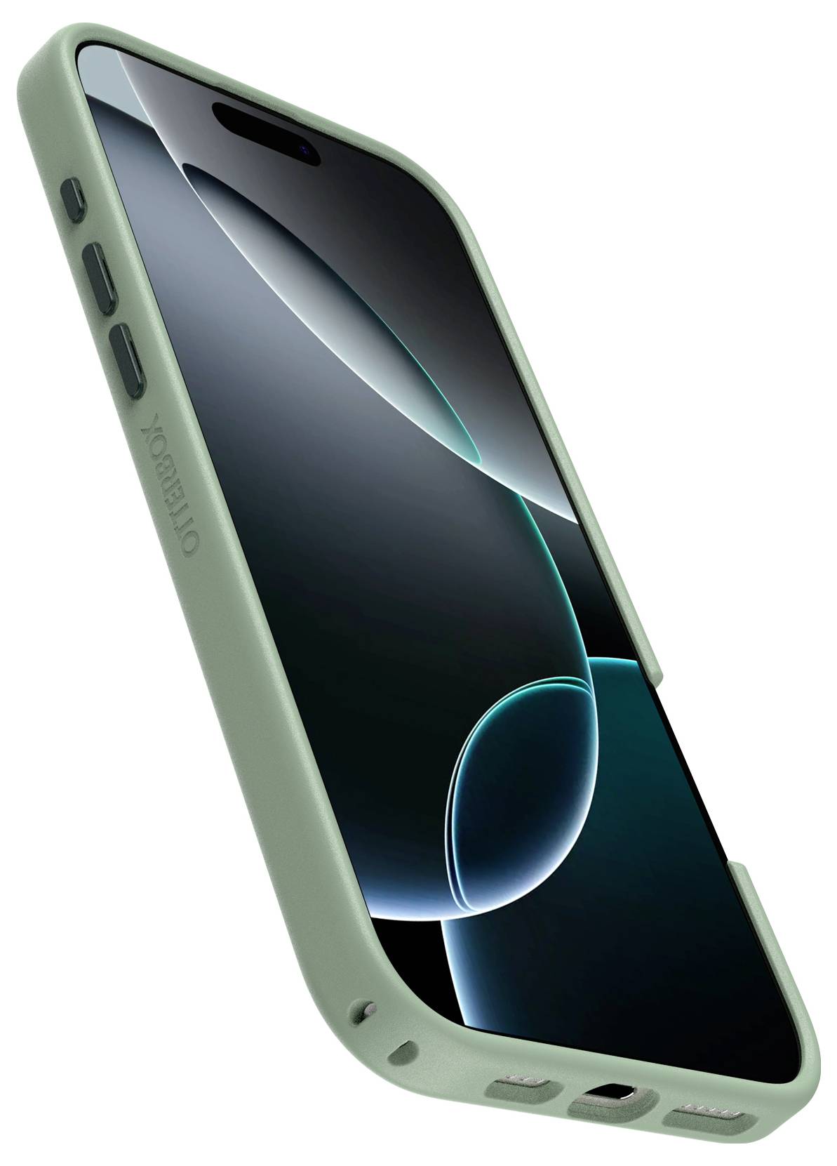 Zielony smartfon z obudową ochronną, widziany z boku. Ekran wyświetla nowoczesną, minimalistyczną tapetę.