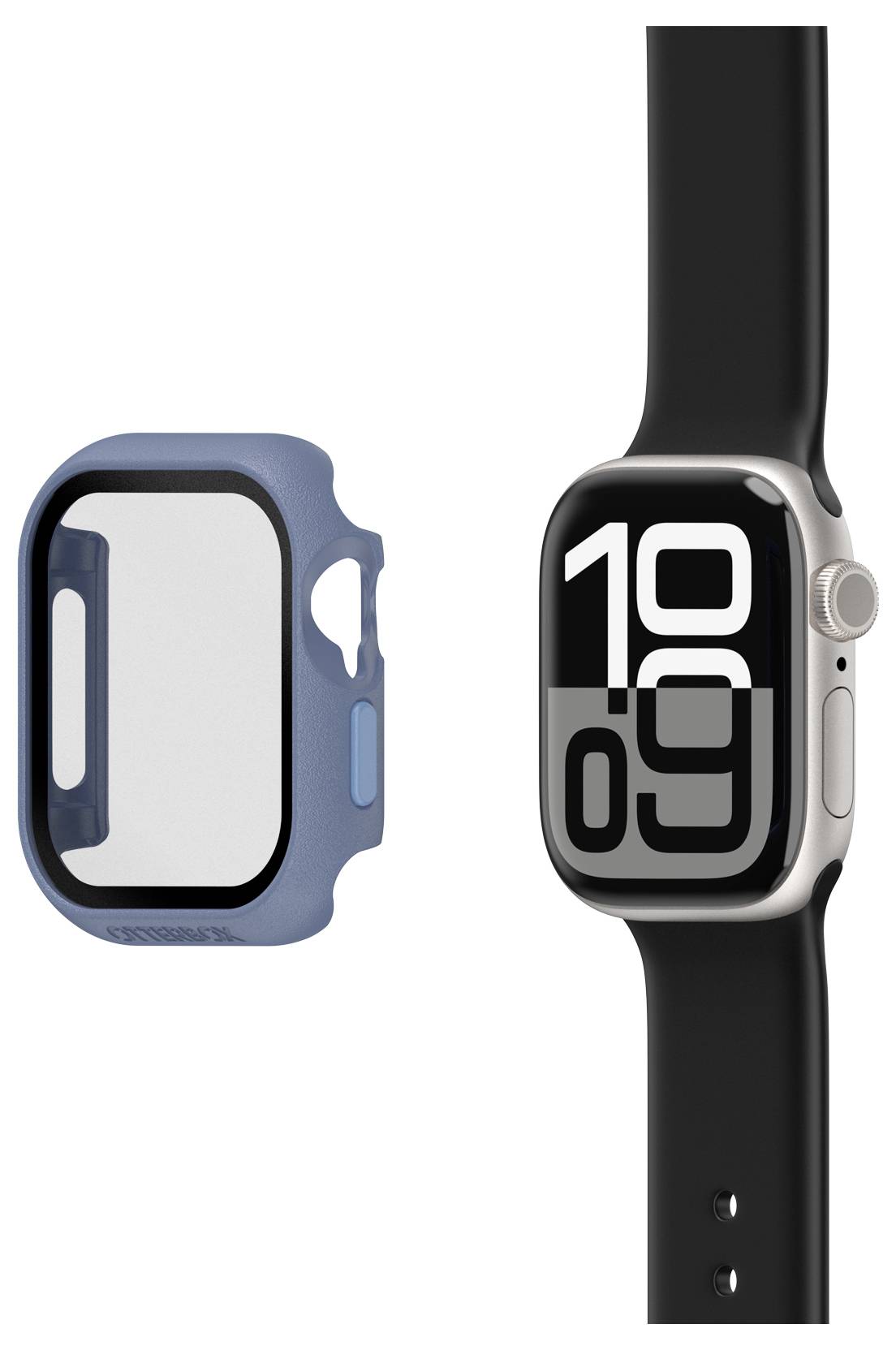 Zegarek Apple Watch z czarnym paskiem obok niebieskiego etui. Na tarczy wyświetlana godzina '10:09'.