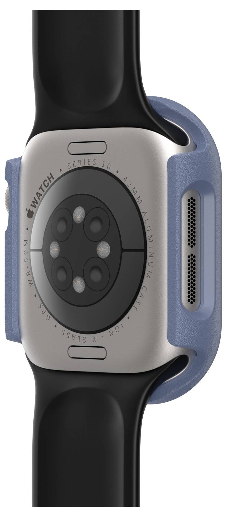 Tylna strona smartwatcha z okrągłym sensorem i czarnym paskiem; niebieskie etui wokół obudowy.