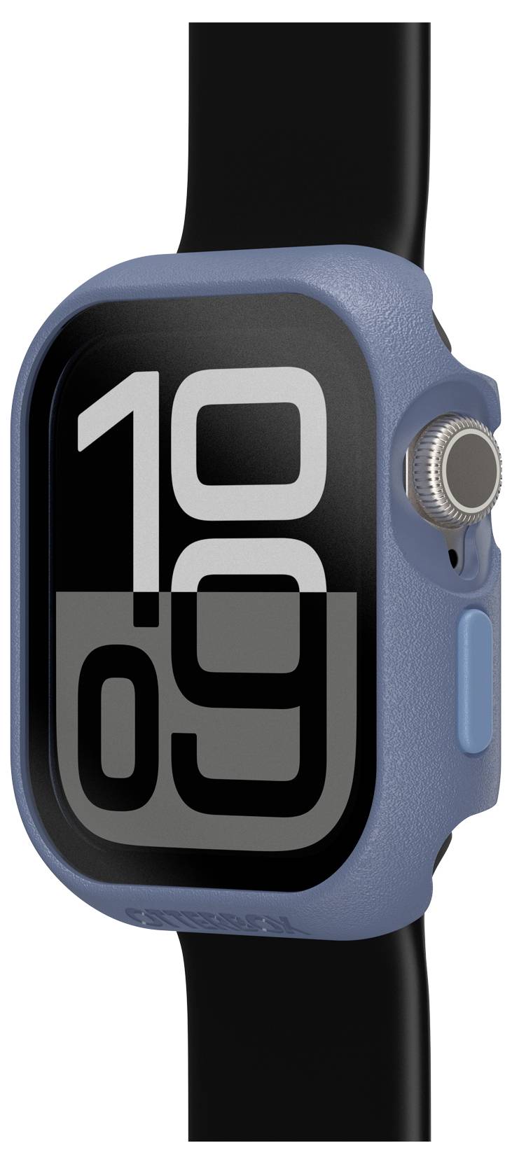 Smartwatch z dużym cyfrowym wyświetlaczem czasu '10:09', czarnym paskiem i niebieską obudową ochronną.