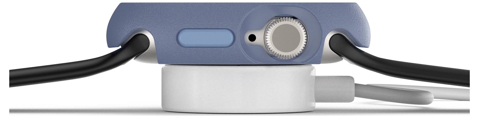 Widok z boku smartwatcha w niebieskiej obudowie z czarnym paskiem, spoczywającego na białej, okrągłej stacji ładującej.