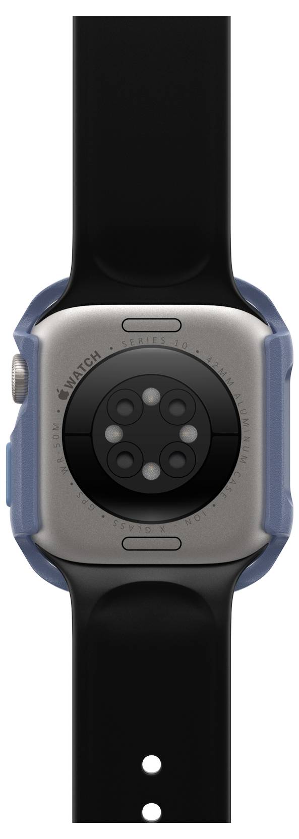 Tylna strona smartwatcha z czujnikami i czarnym paskiem, widoczne przyciski z boku.