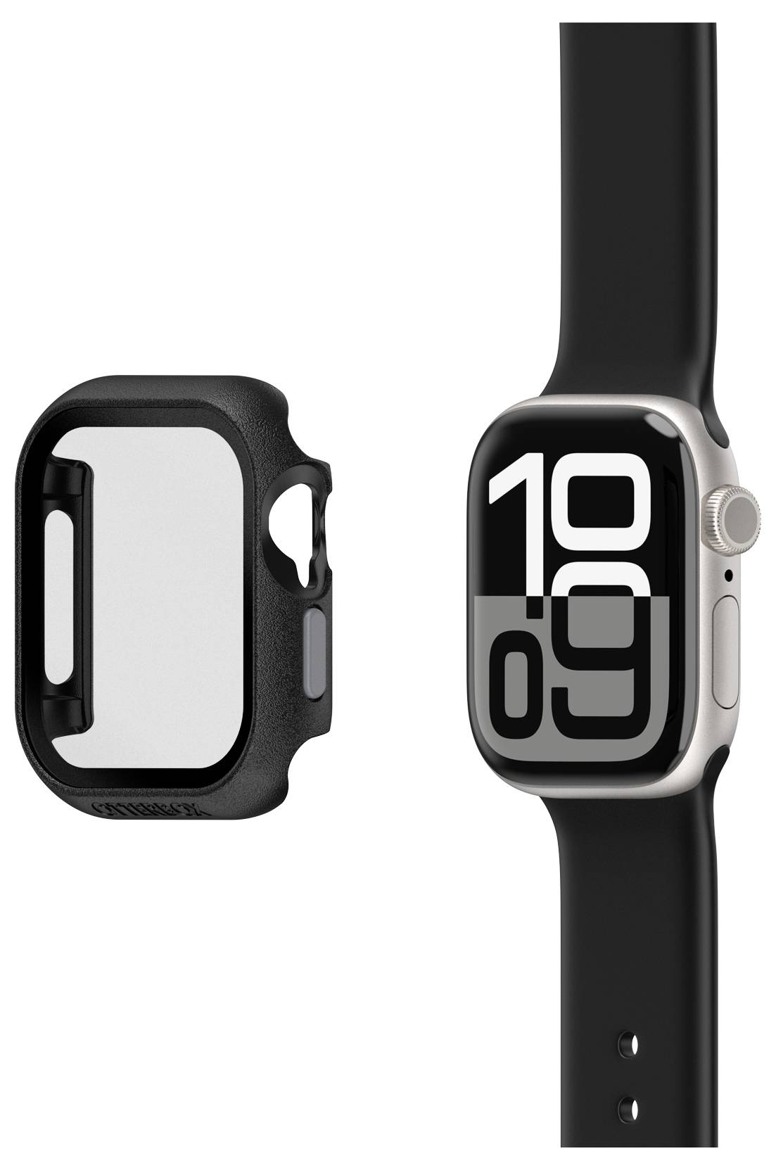 Smartwatch z czarnym paskiem wyświetla dużą cyfrową godzinę '10:09'. Obok leży czarna obudowa zegarka.