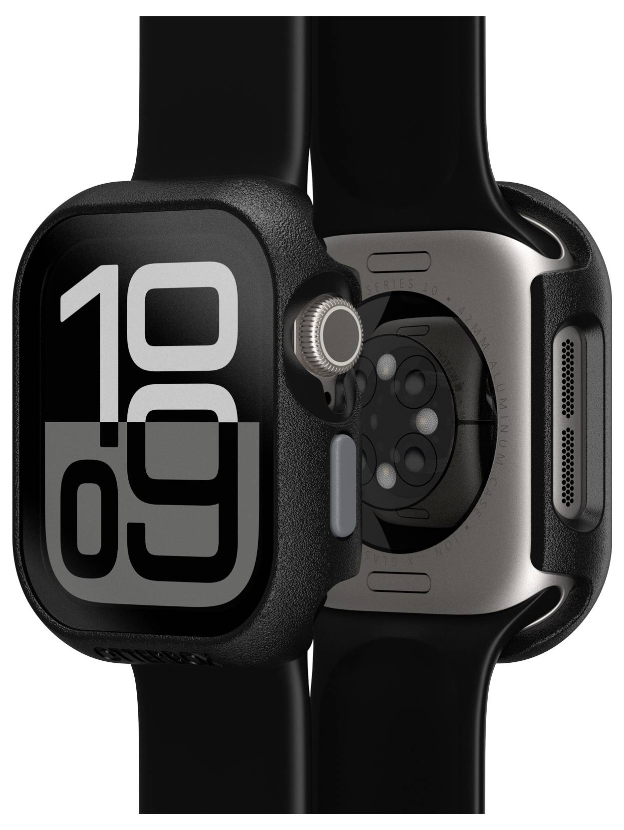 Smartwatch z czarnym paskiem, wyświetlająca dużymi cyfrowymi numerami aktualny czas na wyświetlaczu.