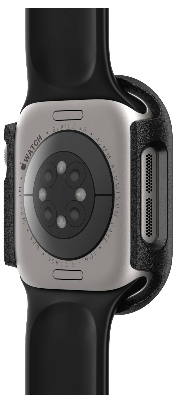 Smartwatch widziana z boku, pokazująca obudowę z czujnikami na tylnej stronie oraz czarnym paskiem.