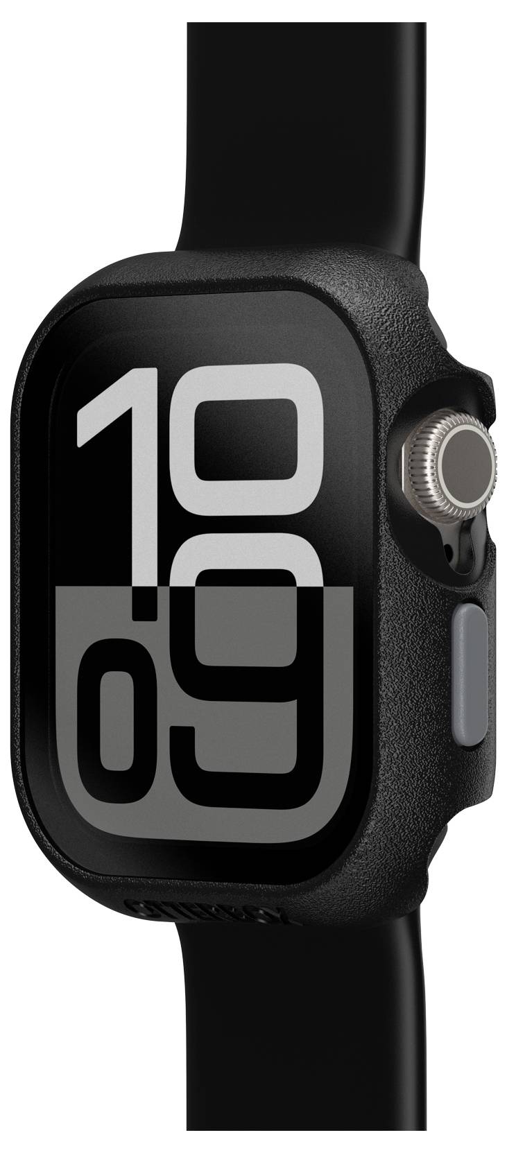 Smartwatch z czarnym paskiem i dużą cyfrową tarczą wyświetlającą godzinę '10:09'.